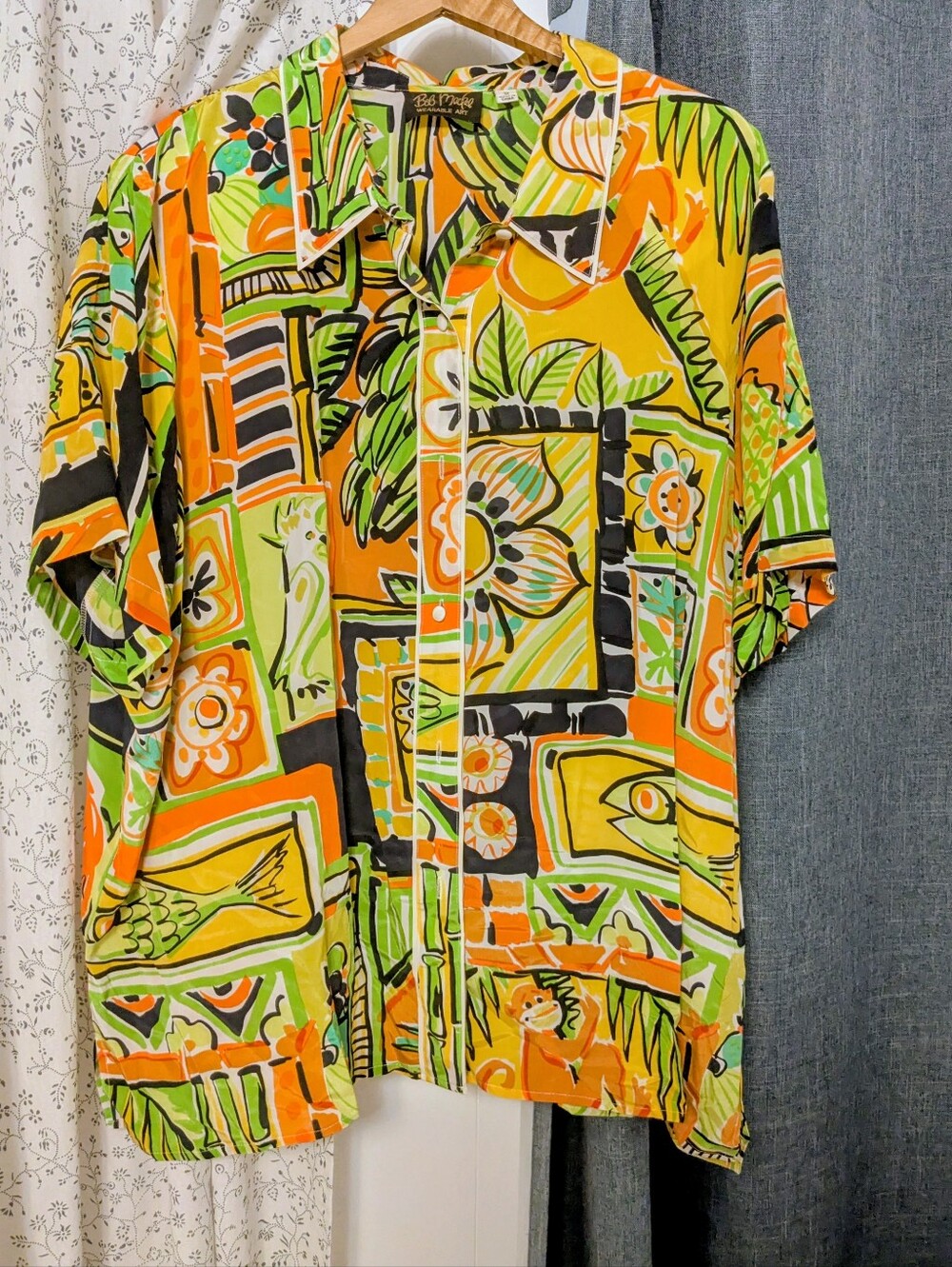 Bob Mackie Wearable Art - size 3X - Yellow & Green Tropical Print Silk Shirt